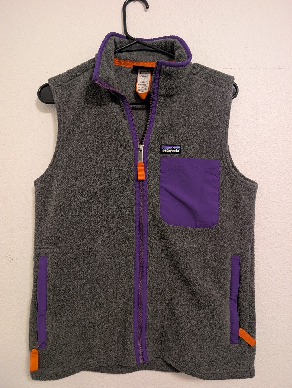 Patagonia Gray Fleece Vest with Purple Trim and Orange Pulls
